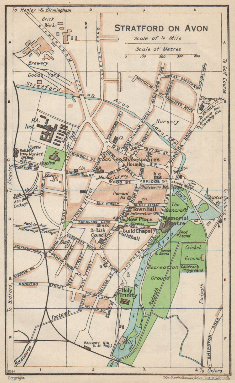 STRATFORD ON AVON. Vintage town city map plan. Warwickshire 1950 old